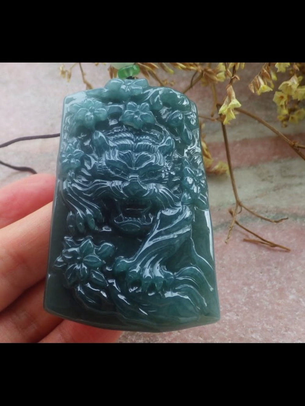 Dark green Certificate jadeite Jade lucky rectangle Tiger Pendant